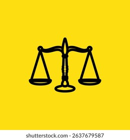 A black scale symbolizing justice is displayed against a yellow background, often used to represent legal and ethical concepts.