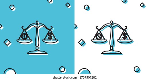 Black Scale weighing money and time icon isolated on blue and white background. Scales with hours and a coin. Balance between work and the given time. Random dynamic shapes. Vector Illustration