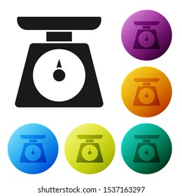 Black Scales icon isolated on white background. Weight measure equipment. Set icons colorful circle buttons. Vector Illustration