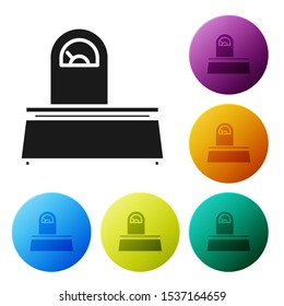 Black Scales icon isolated on white background. Weight measure equipment. Set icons colorful circle buttons. Vector Illustration