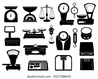 Black scales icons. Different measuring scale for kitchen food stores market. Isolated grocery and home equipment for weighing, nowaday vector set