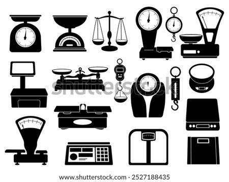 Black scales icons. Different measuring scale for kitchen food stores market. Isolated grocery and home equipment for weighing, nowaday vector set