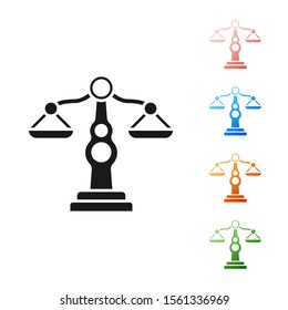 Black Scales of justice icon isolated on white background. Court of law symbol. Balance scale sign. Set icons colorful. Vector Illustration
