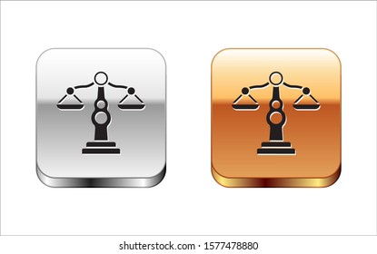 Black Scales of justice icon isolated on white background. Court of law symbol. Balance scale sign. Silver-gold square button. Vector Illustration