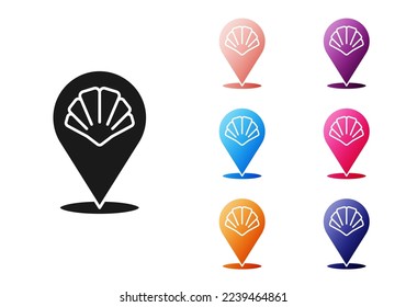 Black Scallop sea shell icon isolated on white background. Seashell sign. Set icons colorful. Vector