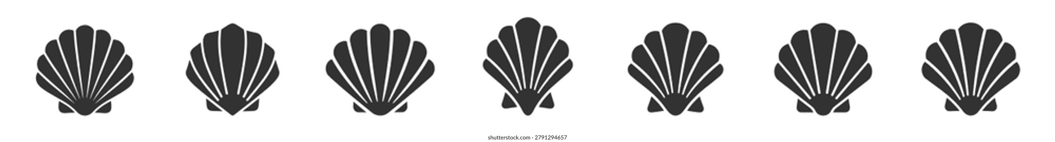black scallop shell icons set isolated collection of seafood shell vector illustration on transparent background