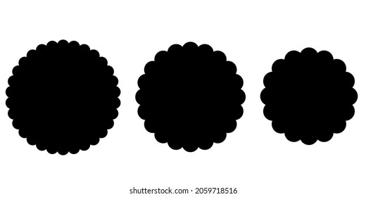 Black Scalloped Circle Shape Set. Clipart Image Isolated On White Background