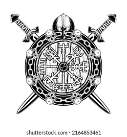 Black Scandinavian tattoo  Magic Navigation Vikings Compass  Shield  crossed swords   warrior's helmet  Nordic style  Celtic sacral symbol  Illustrations for t shirt print 