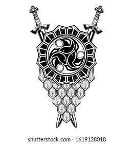 Black Scandinavian tribal tattoo. Triskelion. Triskele. Valknut. Sacred symbol of Celts. Circular geometrical ornament. Nordic grunge style. Armor. Drawing for design. Illustrations for t shirt print.