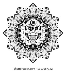 Black Scandinavian tribal tattoo. Vector image of a furious wolf on an armor. Wolf symbol of Vikings. Nordic grunge style. Totemic animal of Celts. Sun and moon. Vector illustration.