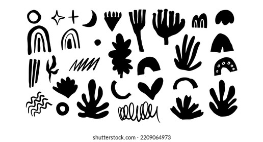 Black Scandinavian vector silhouette clip arts. Doodle floral elements for wallpaper, print, clothes, etc.