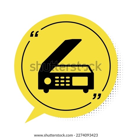 Black Scanner icon isolated on white background. Scan document, paper copy, print office scanner. Yellow speech bubble symbol. Vector