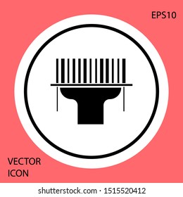 Black Scanner scanning bar code icon isolated on red background. Barcode label sticker. Identification for delivery with bars. White circle button. Vector Illustration