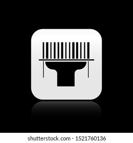 Black Scanner scanning bar code icon isolated on black background. Barcode label sticker. Identification for delivery with bars. Silver square button. Vector Illustration