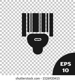 Black Scanner scanning bar code icon isolated on transparent background. Barcode label sticker. Identification for delivery with bars.  Vector Illustration