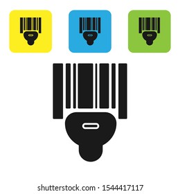 Black Scanner scanning bar code icon isolated on white background. Barcode label sticker. Identification for delivery with bars. Set of colorful square icon buttons. Vector Illustration