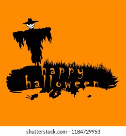 Black scarecrow isolated on orange background. Vector illustration of Halloween theme