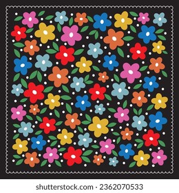 black scarf with colorful flower pattern design