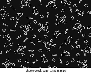 black scary background, seamless pattern, Vector hand drawn illustration, Endless texture for wallpaper. Cute Halloween pattern with skull, bones, cards, lightning, heart, rabbit