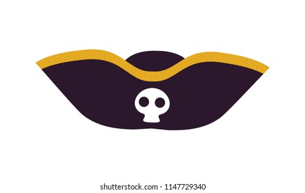 Black scary pirate hat icon isolated on white background. Vector illustration with dark hat with white skull decorated with golden bezel