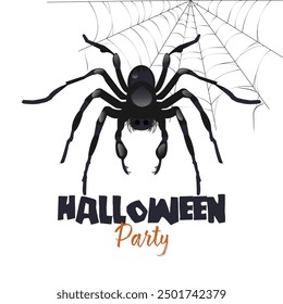 Black scary spider on the web. Isolated design on white background. Below is the inscription Halloween party. Like banner, poster design