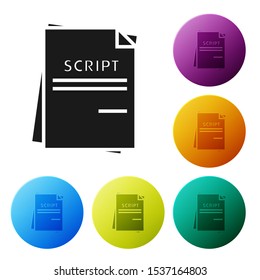 Black Scenario icon isolated on white background. Script reading concept for art project, films, theaters. Set icons colorful circle buttons. Vector Illustration