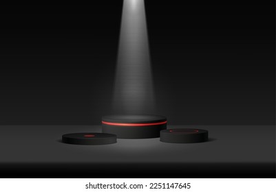 Black scene background with 3d stage podium minimal style realistic vector illustration. Pedestal for product display, show base, winner and advertising