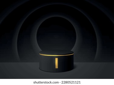 Black scene background with 3d stage podium minimal style realistic vector illustration on black circles background. Pedestal for product display, show base, winner and advertising