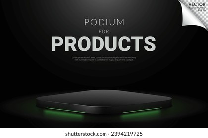 Black scene square podium with green neon free space for products on black studio background. Vector Illustration