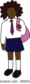 Black Scholar Girl With Brown Curly Hair In White Shirt With Tie Blue Pleated Skirt White Knee Socks Black Shoes Holdin Pink Backpack Isolated Vector Drawing