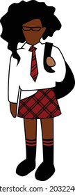 Black Scholar Girl With Lush Hairstyle In Glasses White Shirt Red Striped Tie Red Checkered Skirt Black Knee Socks Velcro Shoes Holding Black Backpack Vector Illustration