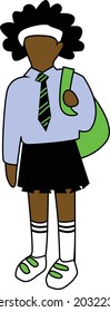 Black Scholar With White Headband Curly Black Hair Blue Shirt Black Striped Tie Green Backpack Black Pleated Skirt White Knee Socks Velcro Shoes Vector Illustration