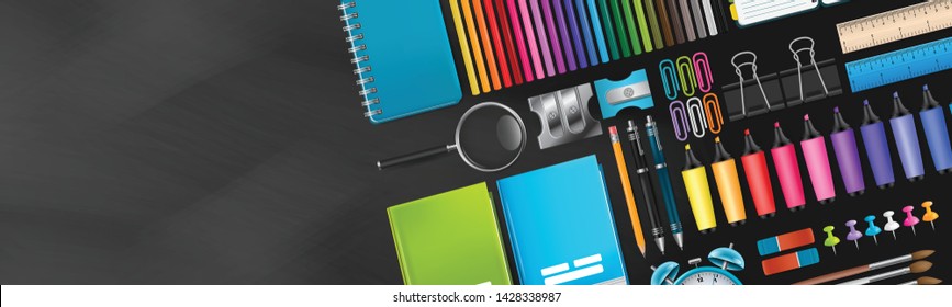 Black school background with a blackboard backdrop and realistic 3d supplies. Design concept for advertisement, magazine, book, website header. vector illustration.