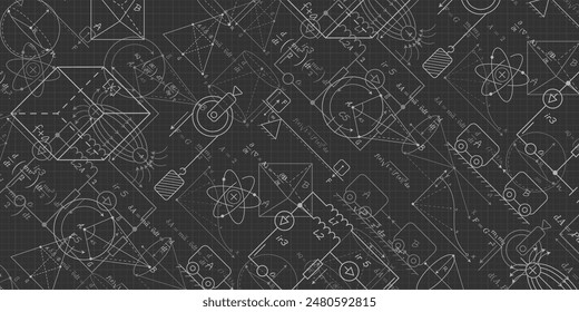 Fondo negro de la escuela. Fórmulas y dibujos. Física y matemáticas . Investigación científica. Ilustración vectorial.