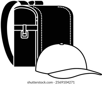 A black school bag and cap, belongings of an elementary school student