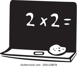 Black school blackboard in a math classroom. On the blackboard a math operation and lies a sponge and chalk
