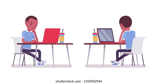 Black school boy in casual wear working at the laptop. Cute small guy, active young kid, smart elementary pupil aged between 7, 9 year old. Vector flat style cartoon illustration, front, rear view