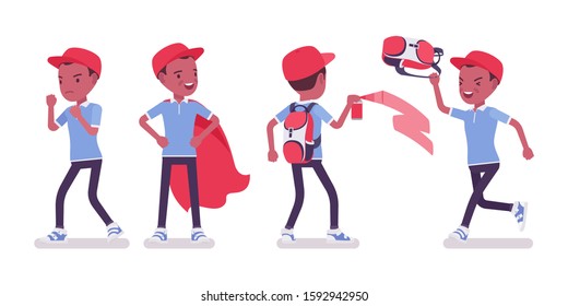 Black school boy in casual wear having fun with spray paint, cloak. Cute small guy, active young kid, smart elementary pupil aged between 7, 9 year old. Vector flat style cartoon illustration