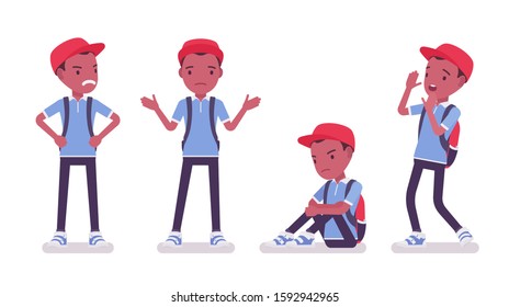 Black school boy in casual wear, negative emotions. Unhappy cute small guy with rucksack, active young kid, smart elementary pupil aged between 7, 9 year old. Vector flat style cartoon illustration