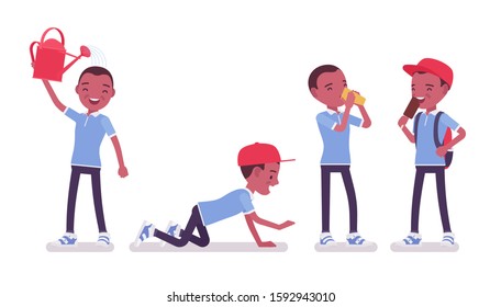 Black school boy in casual wear in entertainment, enjoy ice cream, drink. Cute small guy, active young kid, smart elementary pupil aged between 7, 9 year old. Vector flat style cartoon illustration