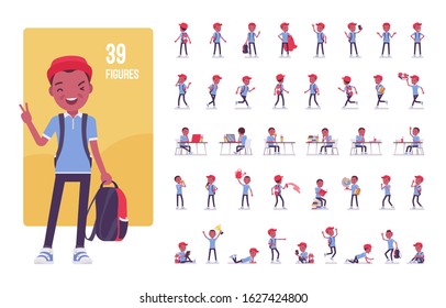 Black school boy in casual wear character set. Cute small guy with rucksack, active young kid, smart elementary pupil in study and entertainment. Full length, different view, gestures, emotions, poses