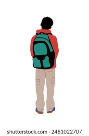 Schwarzer Schuljunge geht in die Mittelschule Vektorillustration isoliert auf weißem Hintergrund. Afroamerikanischer Teenager mit Rucksack Rückansicht. Zurück zum Schulkonzept.