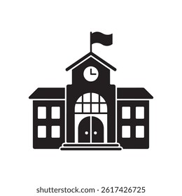 Black School Building Icon Featuring a Central Clock Tower, Flag, and Windows Representing Education, Learning Institutions, Academic Editable Vector Illustration Isolated on a White Background