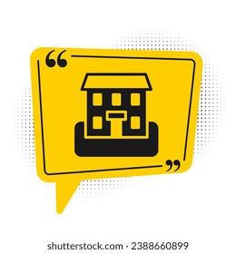 Black School building icon isolated on white background. Yellow speech bubble symbol. Vector