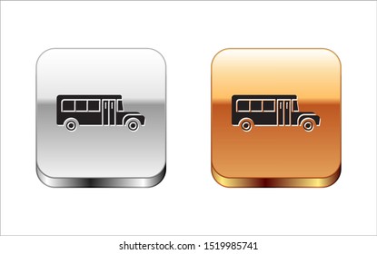 Black School Bus icon isolated on white background. Public transportation symbol. Silver-gold square button. Vector Illustration