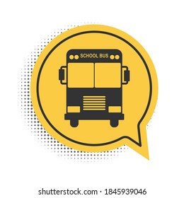 Black School Bus icon isolated on white background. Yellow speech bubble symbol. Vector.