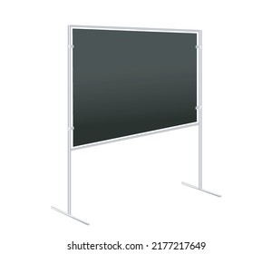 Black school chalkboard or information stand. Vector realistic Mock-up. Blackboard for writing, class board on two pillars, advertising press wall, presentation board. Horizontal blank template. EPS10