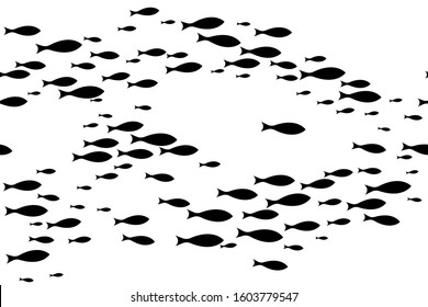 Black School Of Fish Swimming Vector Illustration. Ocean Or Sea Background. Shoal Of Fishes Isolated On White. Marine Summer Design.