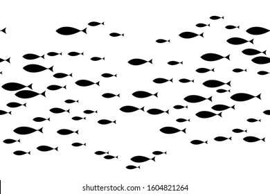 Black school of fish swimming vector illustration. Ocean or sea background. Shoal of fishes isolated on white. Marine summer design.