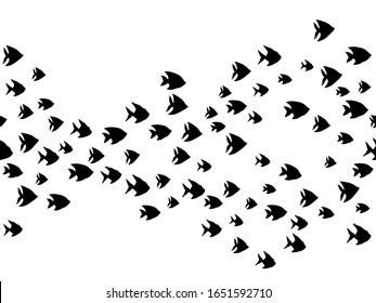 Black school of fish swimming vector illustration. Ocean or sea background. Shoal of fishes isolated on white. Marine summer design.